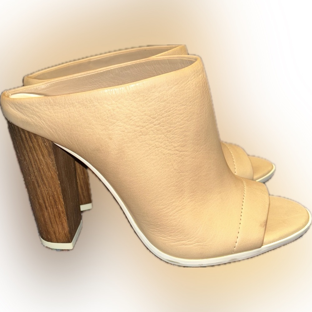 Vince Allison Cream Nude Leather Block Wooden Heel Luxe Mule Slide Slip On 7.5